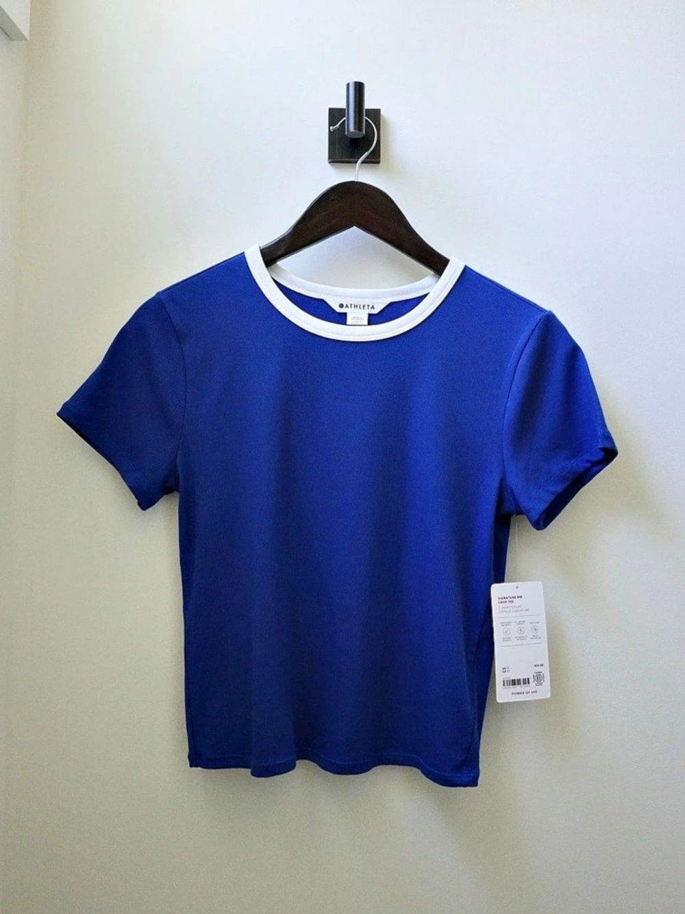 Athleta Signature Rib Crop Tee Short Sleeve Blue & White Medium